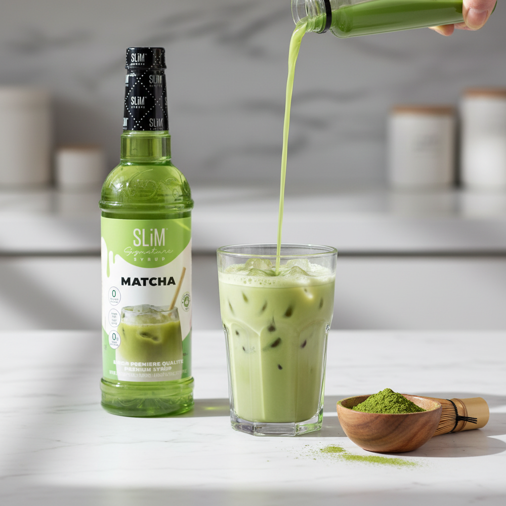 Bouteille Sirop Matcha SLiM sur marbre avec matcha glacé