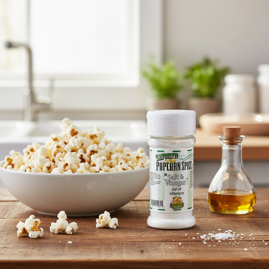 Épice salée popcorn sel & vinaigre Chocolat Moose shaker 50g sur comptoir bois avec bol de popcorn et cristaux de sel