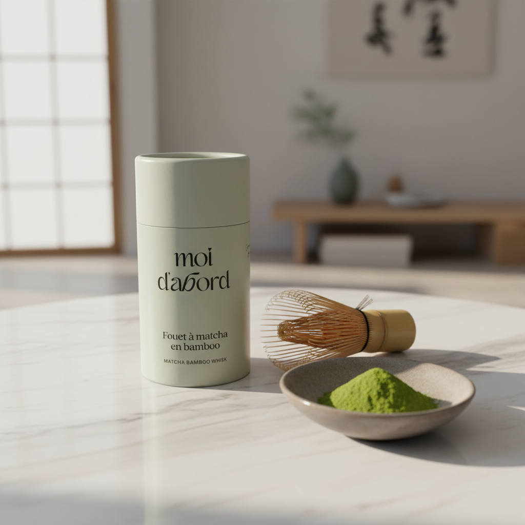 Tube vert sauge Fouet Matcha Moi d'abord sur marbre avec fouet bambou et matcha