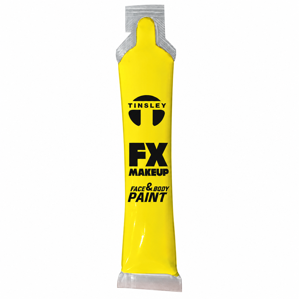 Tube jaune Tinsley FX Makeup pour le visage et le corps sur fond blanc