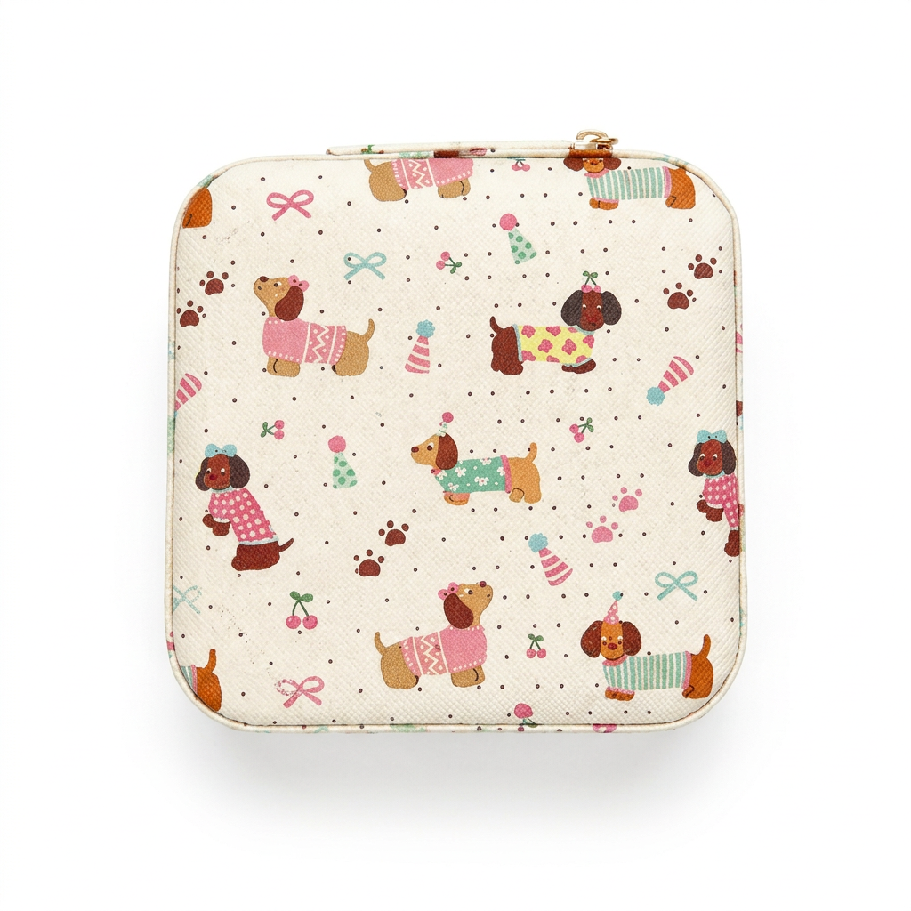 Mini boîte à bijoux de voyage Josslyn à motifs de petits chiens sur fond blanc