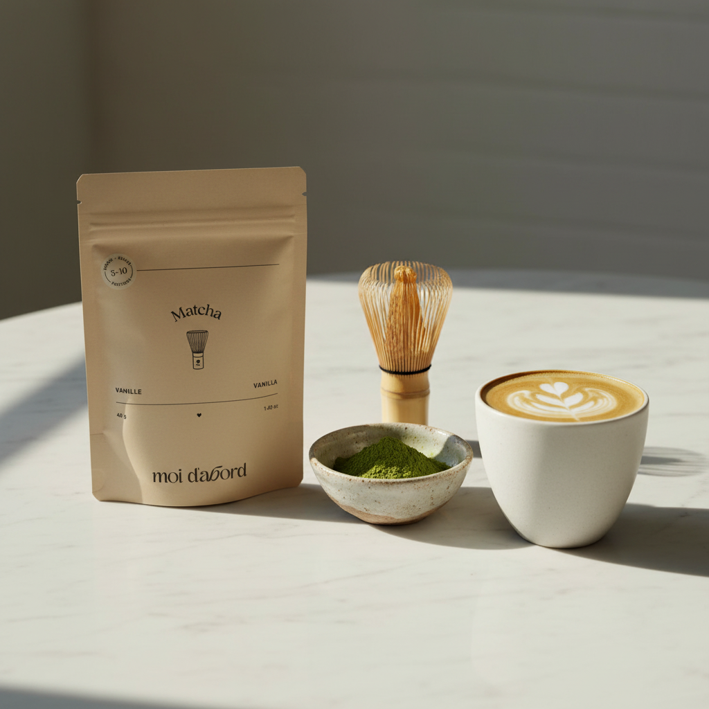 Sachet Matcha Vanille Moi d'abord sur marbre avec fouet à matcha et latte