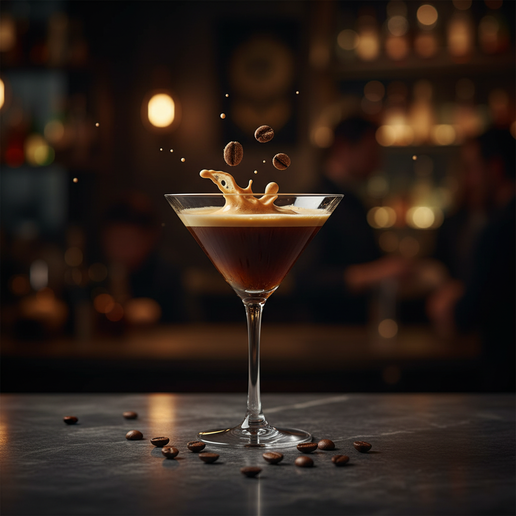 Bombe Espresso Martini se dissolvant dans un verre martini, ambiance café-bar chic