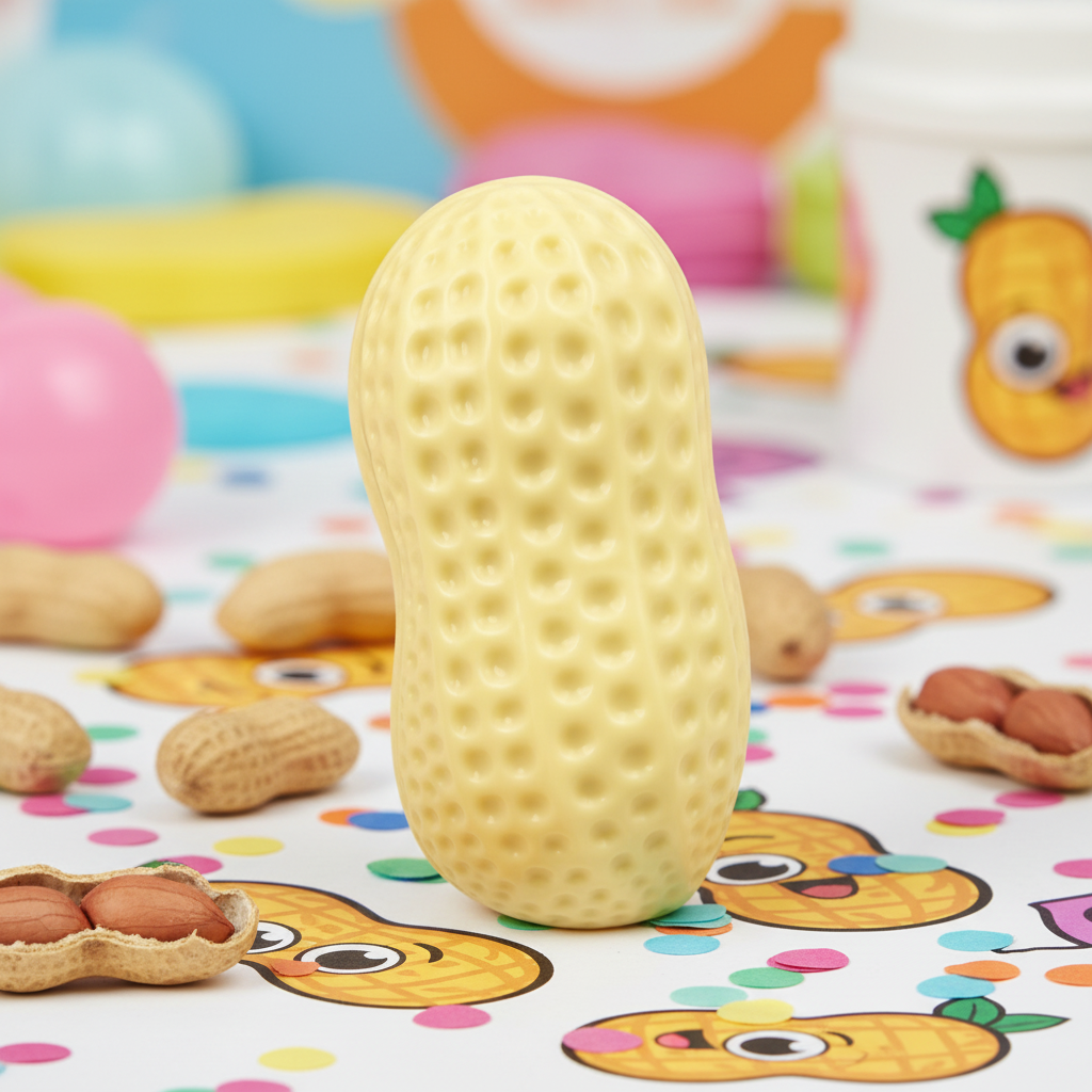 Grand jouet squishy cacahuète Little Trendy sur surface colorée avec confettis