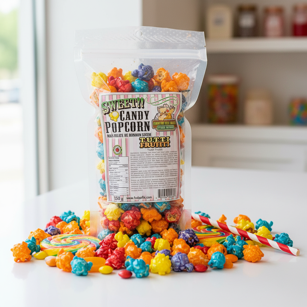 Popcorn tutti fruitti sucré Chocolat Moose Fudge Factory sac 150g avec pop-corn multicolore sur fond blanc ambiance bonbonnerie
