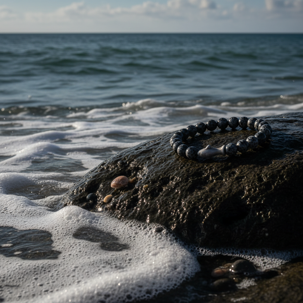 Bracelet Fahlo Requin Ocelli Stone sur rocher mouillé près de l’océan