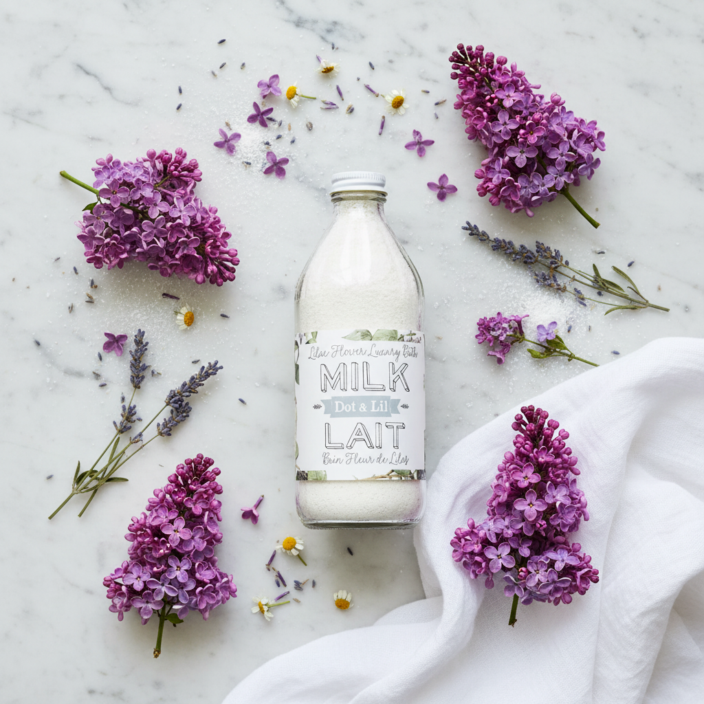 Lait de bain Fleur de Lilas Dot & Lil flat lay avec lilas