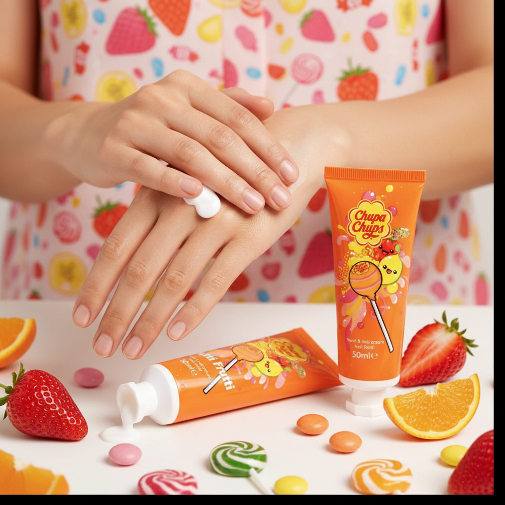 Mains féminines avec crème Chupa Chups Tutti Frutti, fraises et oranges autour, ambiance colorée et gourmande