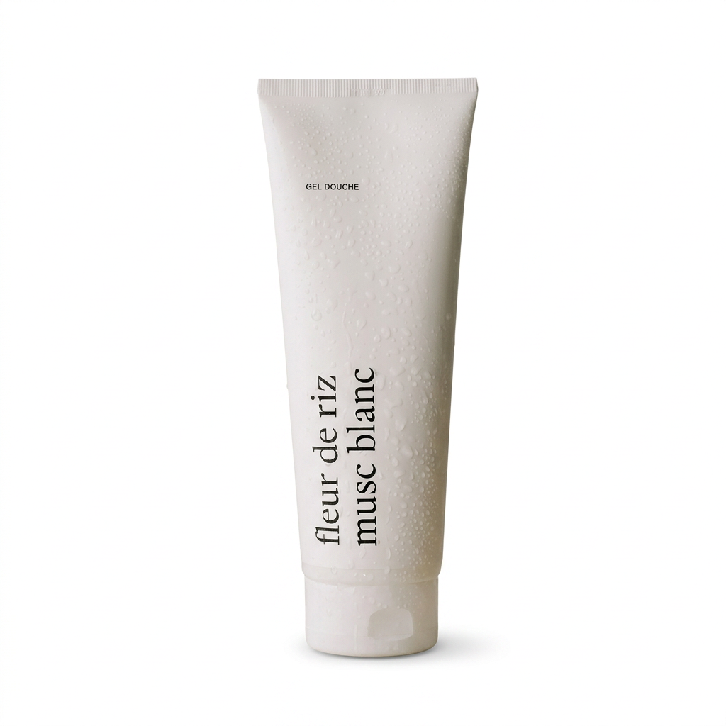 Tube de gel douche Fleur de riz et musc blanc Marée sur fond blanc
