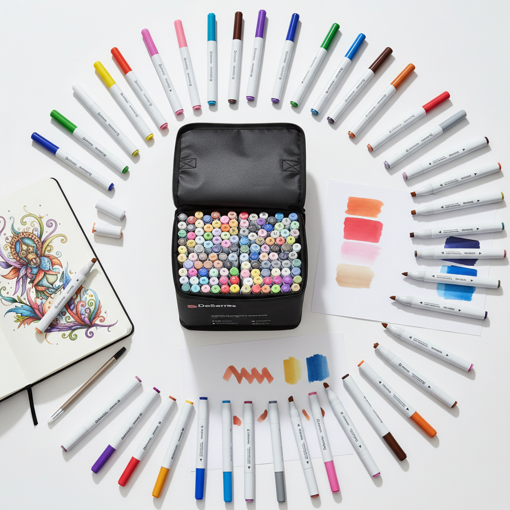 Marqueurs alcool DeSerres 120 couleurs en flat lay avec carnet de croquis illustré et swatches colorés sur bureau blanc