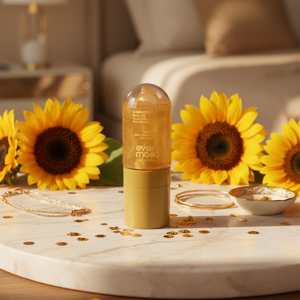 Flacon roller Every Mood Golden Hour sur surface luxueuse avec confettis dorés et tournesols