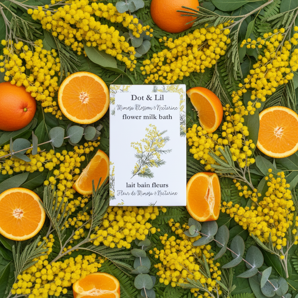 Lait bain fleurs Dot & Lil Mimosa & Nectarine sur fond blanc avec fleurs de mimosa et nectarines