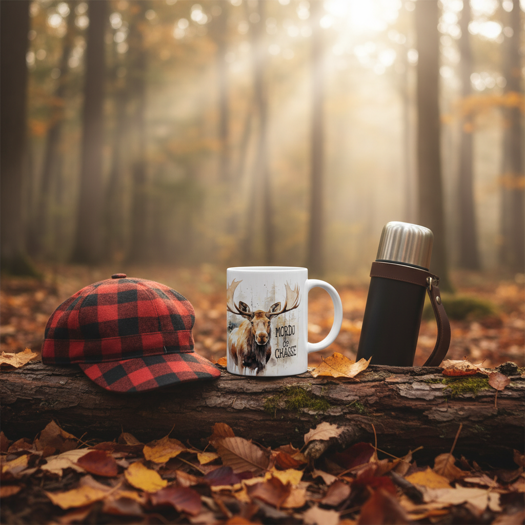 Tasse Mordu de Chasse Orignal - décor forêt automnale québécoise