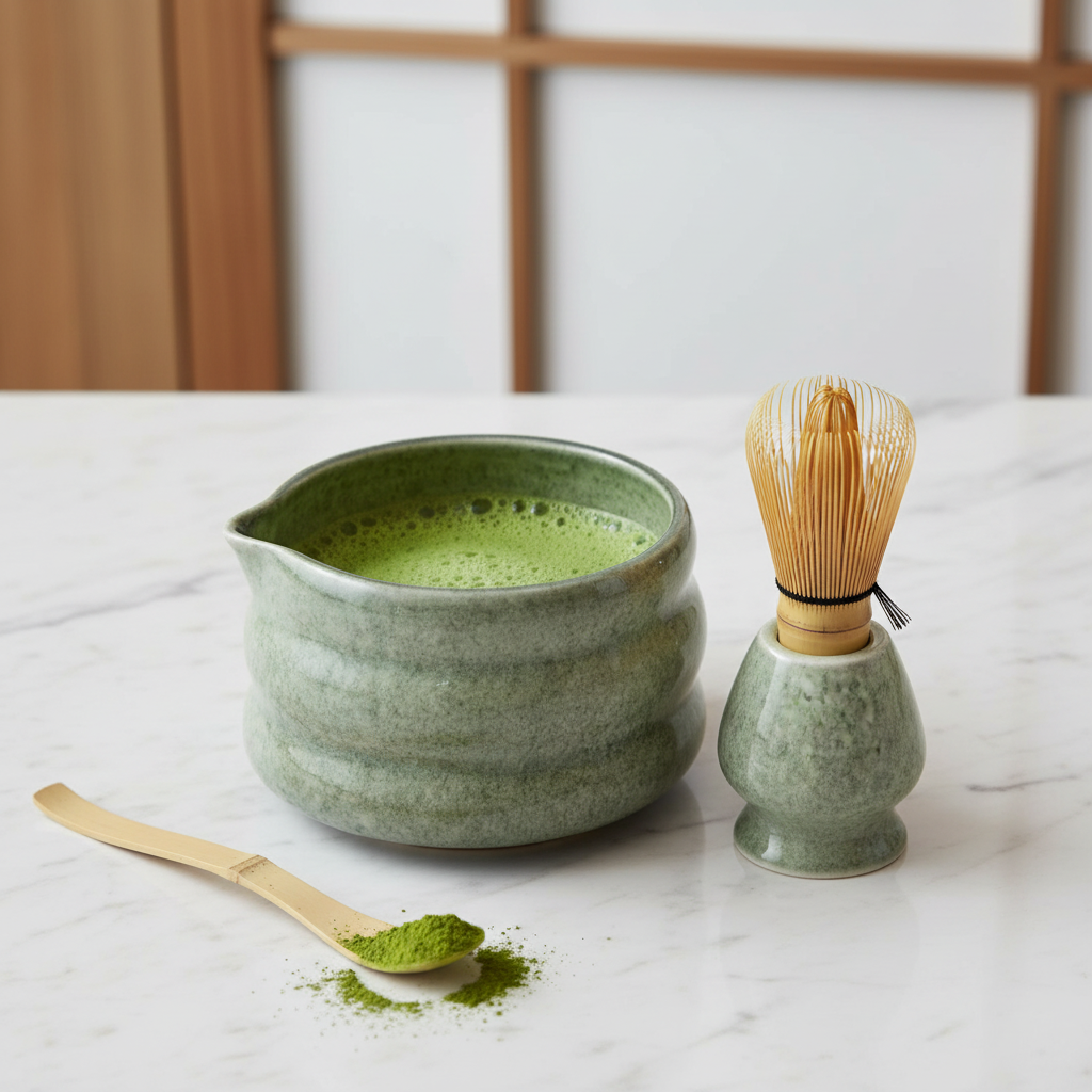 Ensemble bol et support matcha Bubble vert avec poudre de matcha et latte prêt
