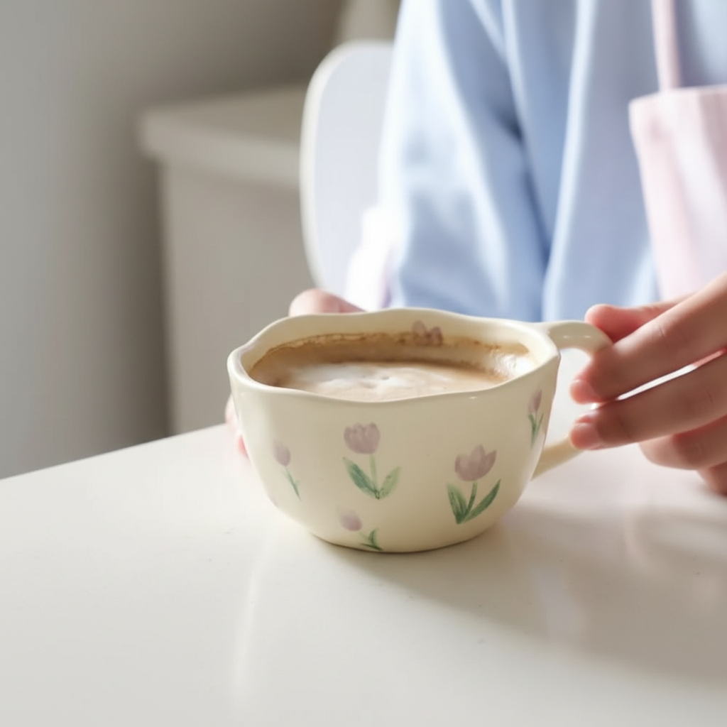 Mains tenant la tasse tulipe mauve sur table blanche