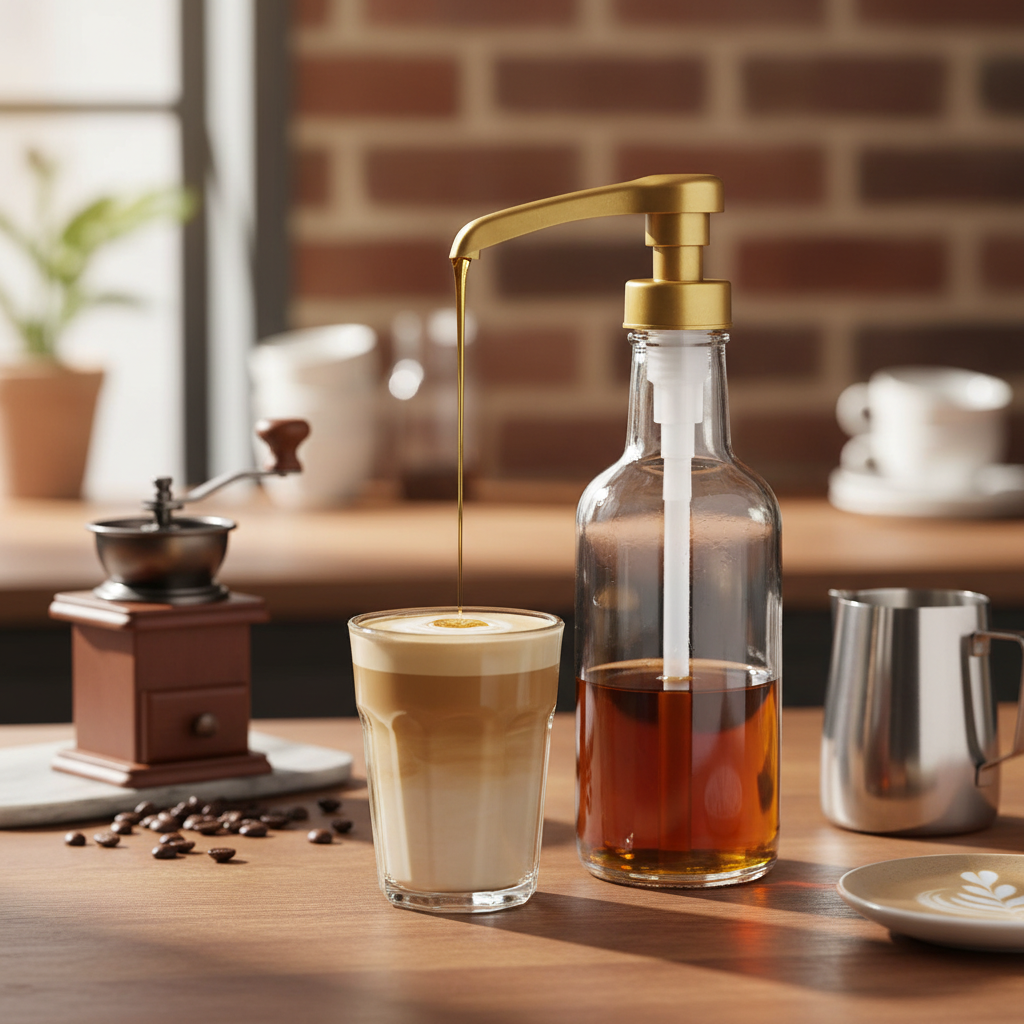 Pompe dorée sur bouteille claire sans étiquette, ambiance café barista