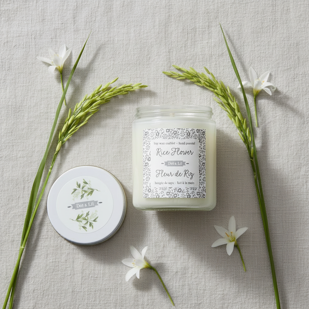 Bougie de soya Fleur de riz Dot & Lil flat lay minimaliste
