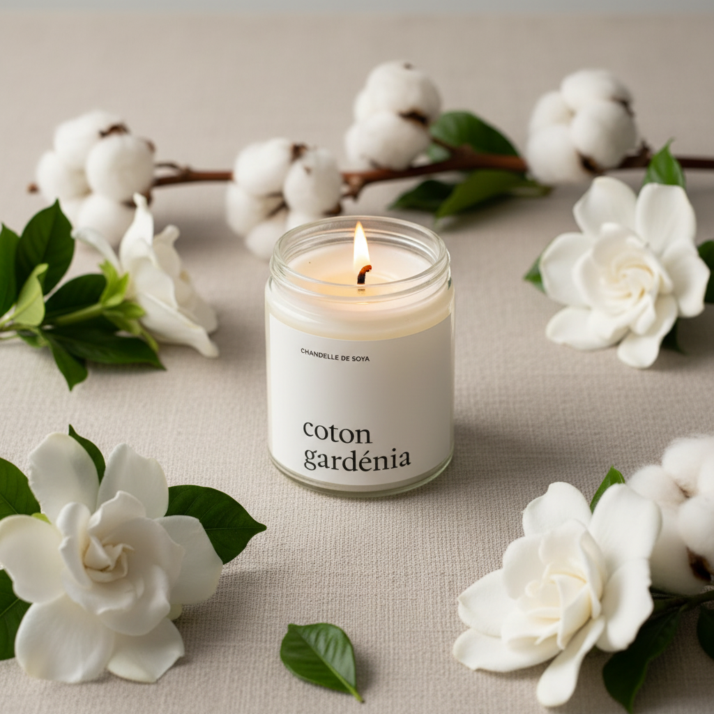 Chandelle de soya Coton Gardénia allumée sur surface en lin avec fleurs blanches et ambiance apaisante