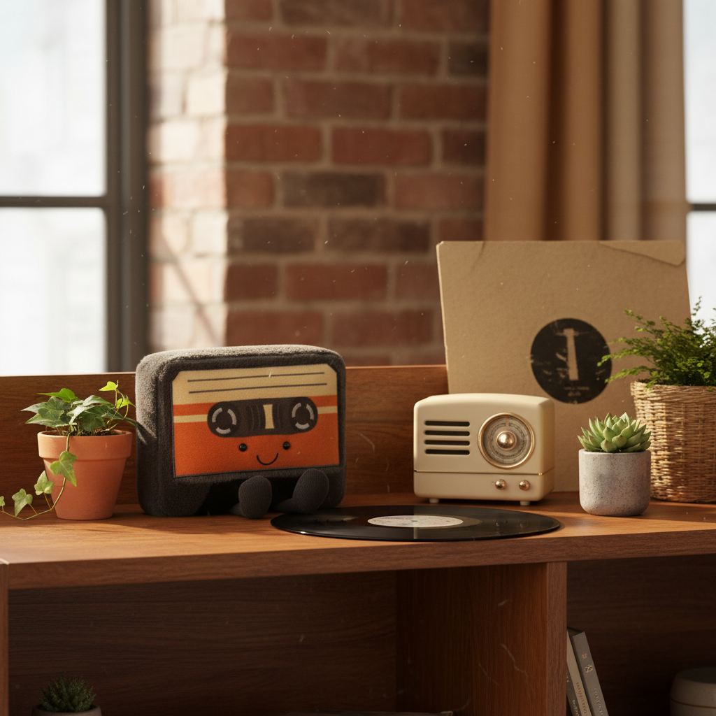 Peluche Jellycat cassette tape sur étagère vintage avec vinyle, radio rétro et plantes
