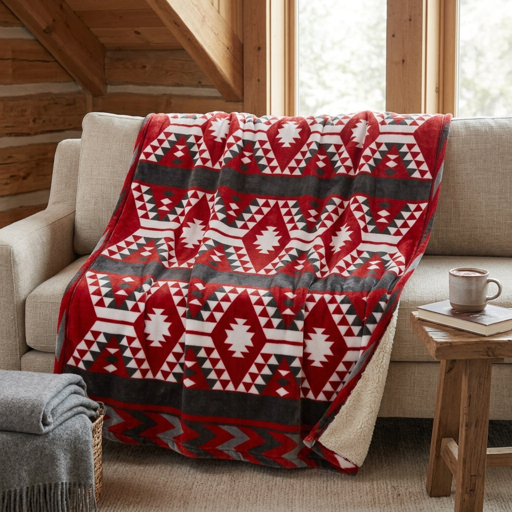 Couverture Utah rouge, grise et blanche sur un canapé dans une ambiance chalet