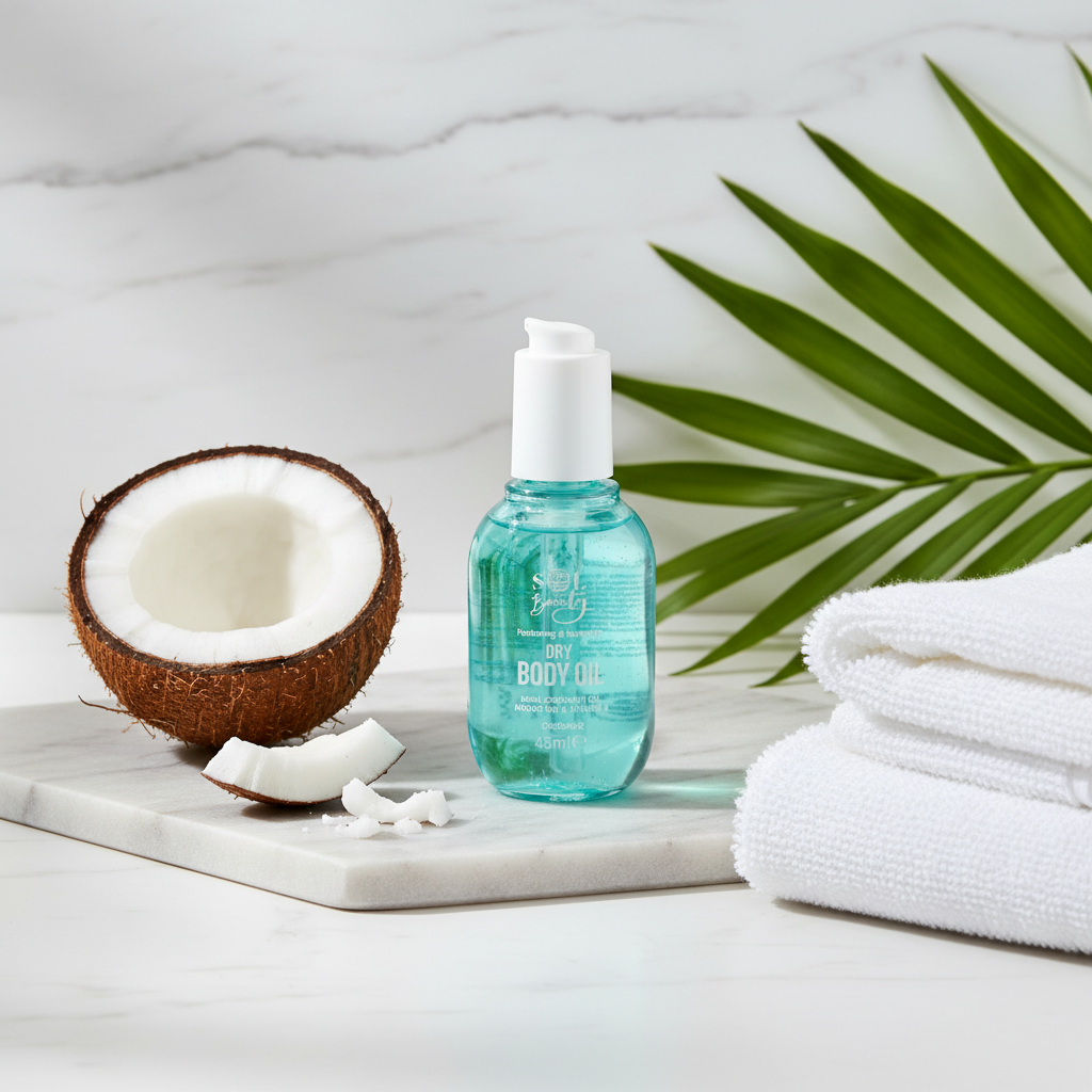 SOL Beauty huile sèche corps noix de coco sur marbre blanc avec noix de coco et feuilles tropicales