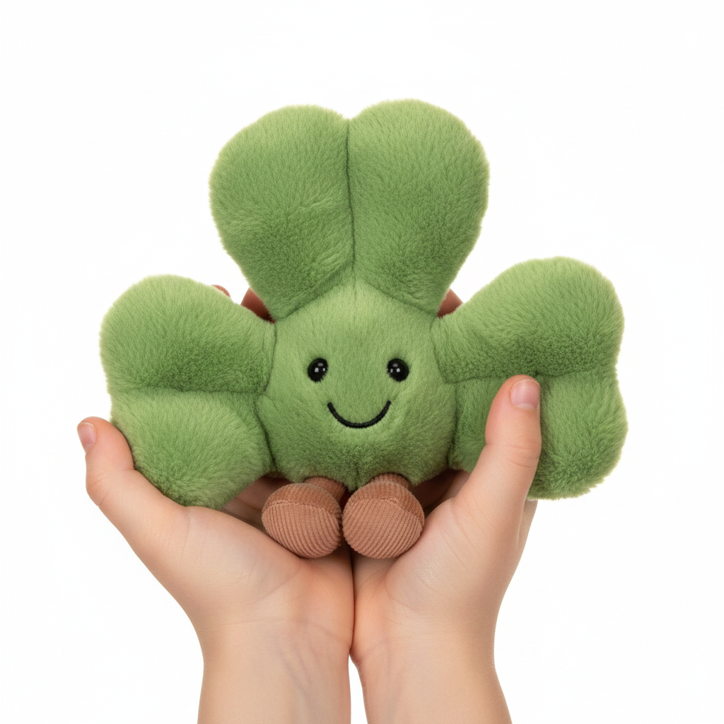 Enfant tenant la peluche Jellycat Siofra Shamrock trèfle porte-bonheur