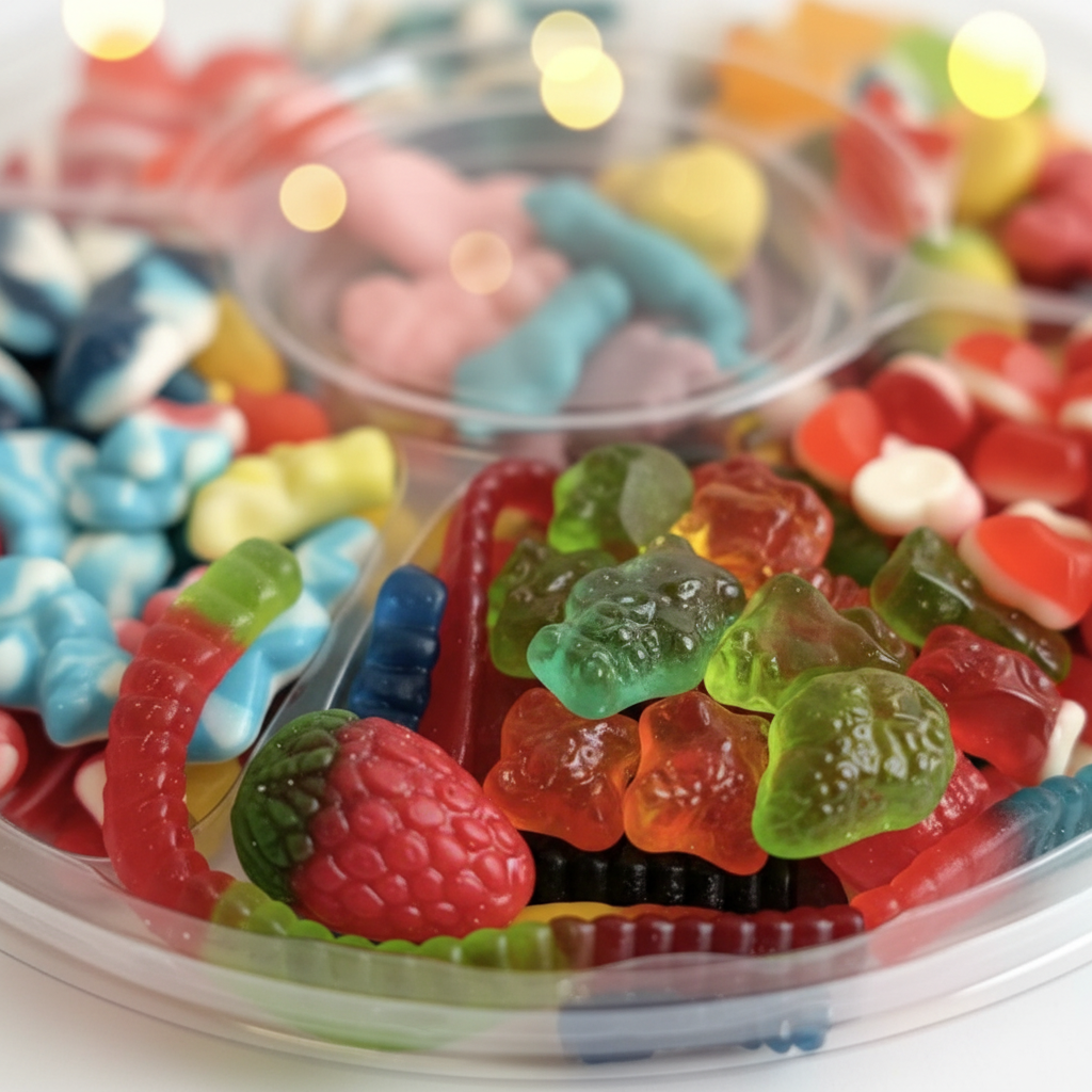 Gros plan macro de jujubes colorés brillants et appétissants — oursons, requins, grenouilles, vers, fraises