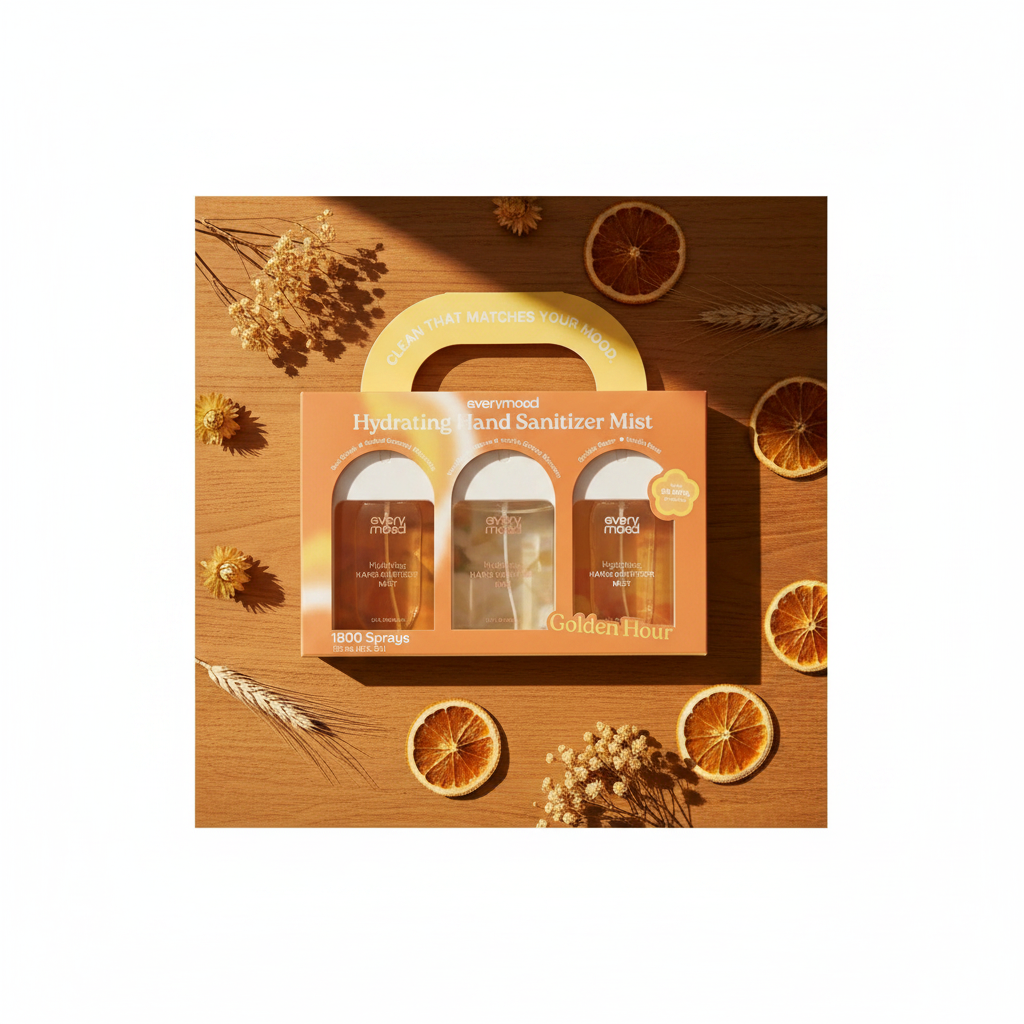 Coffret Every Mood Golden Hour 3 brumes désinfectantes mains sur surface dorée avec fleurs et tranches d'orange