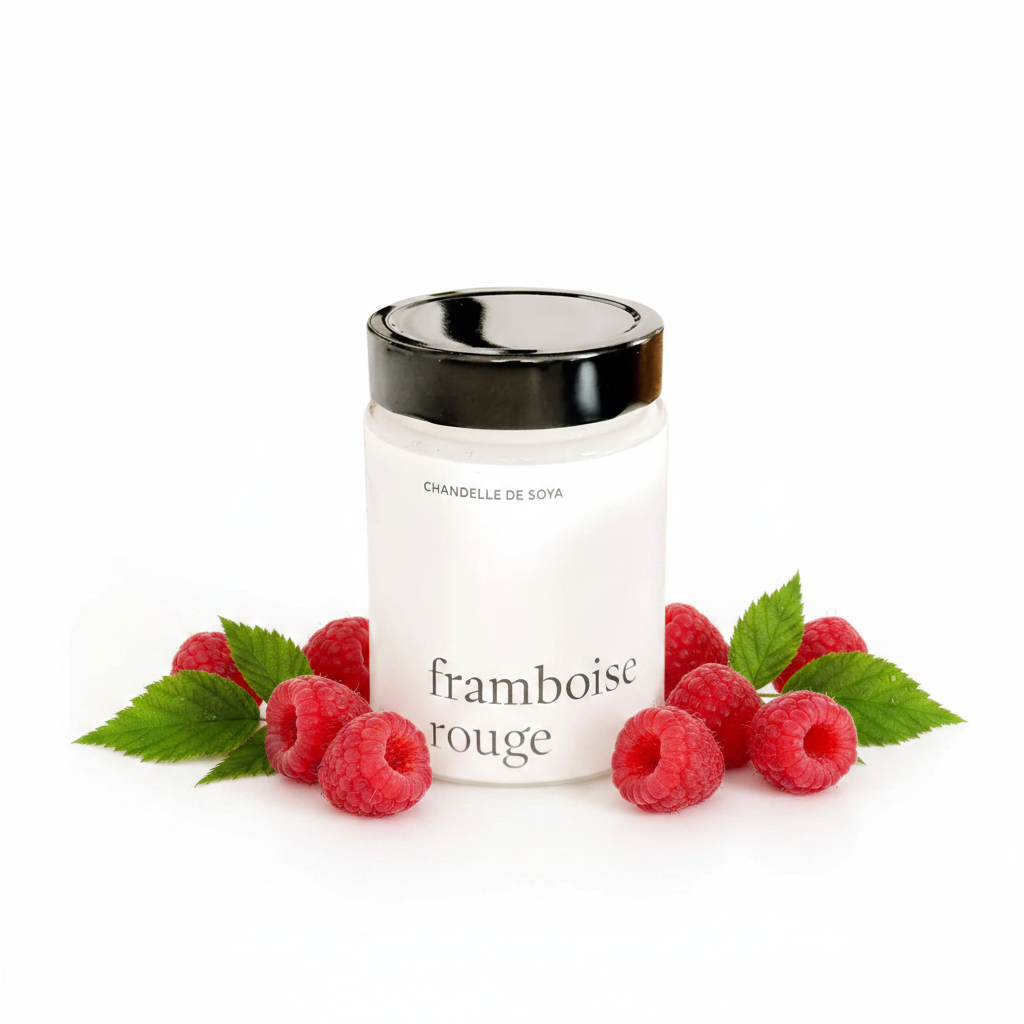 Chandelle de soya Framboise Rouge Produits Marée sur fond blanc avec framboises rouges fraîches