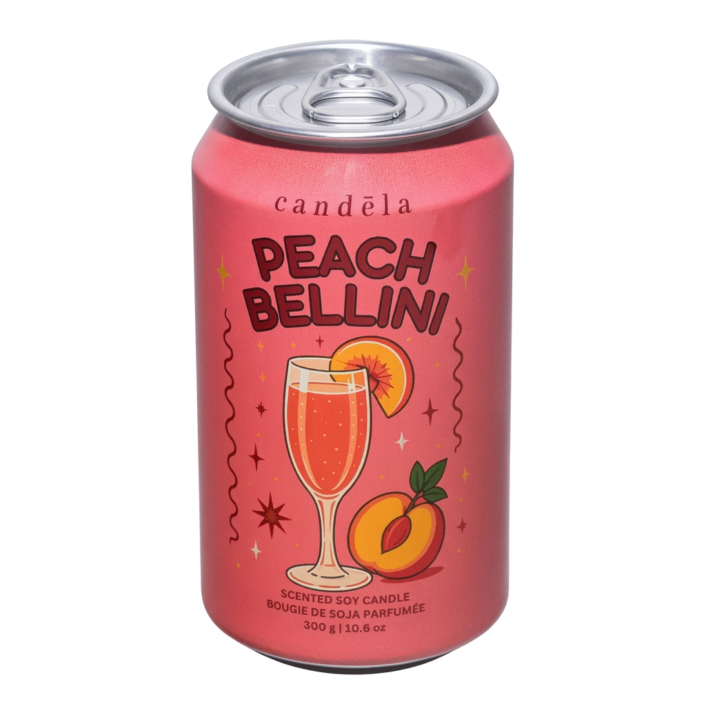 Bougie de soja CANDÈLA Peach Bellini de 300 g en canette rose corail sur fond blanc
