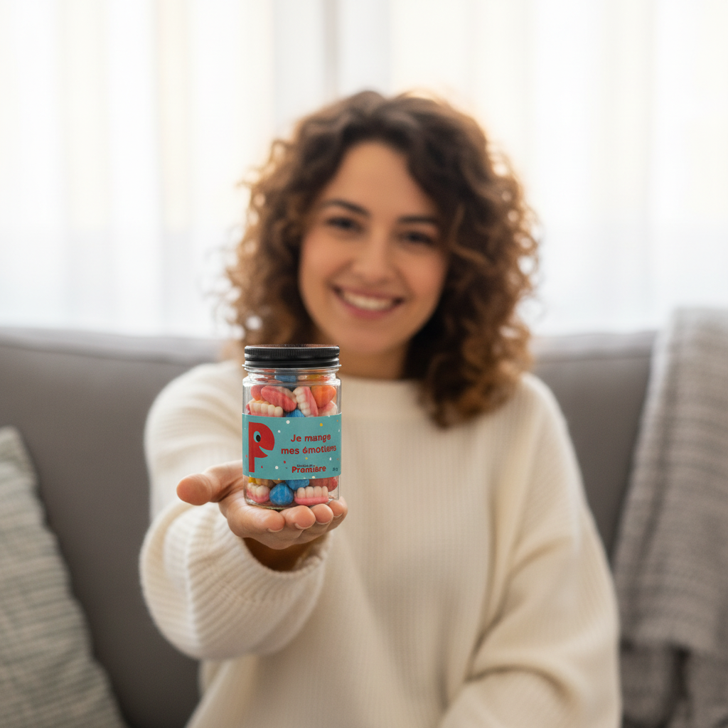 Personne détendue tenant un petit pot de jujubes Je mange mes émotions