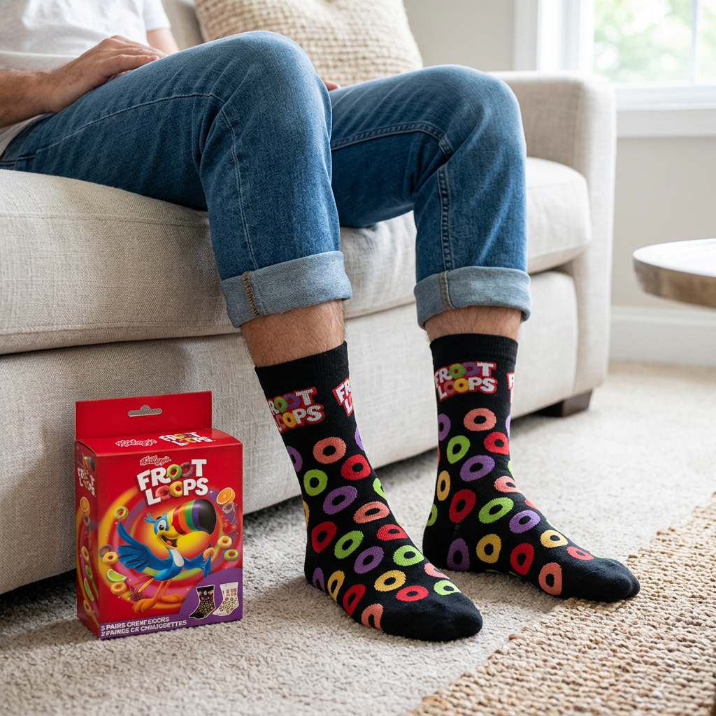Homme en jeans portant les bas noirs Froot Loops à motifs d’anneaux multicolores.