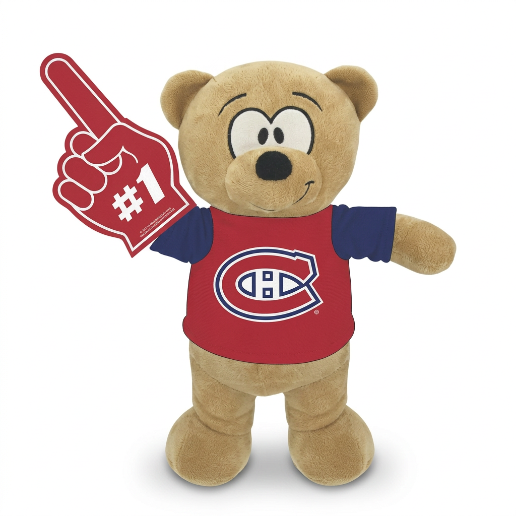 Ours en peluche des Canadiens de Montréal de 24 po avec chandail rouge et doigt numéro 1, sur fond blanc.
