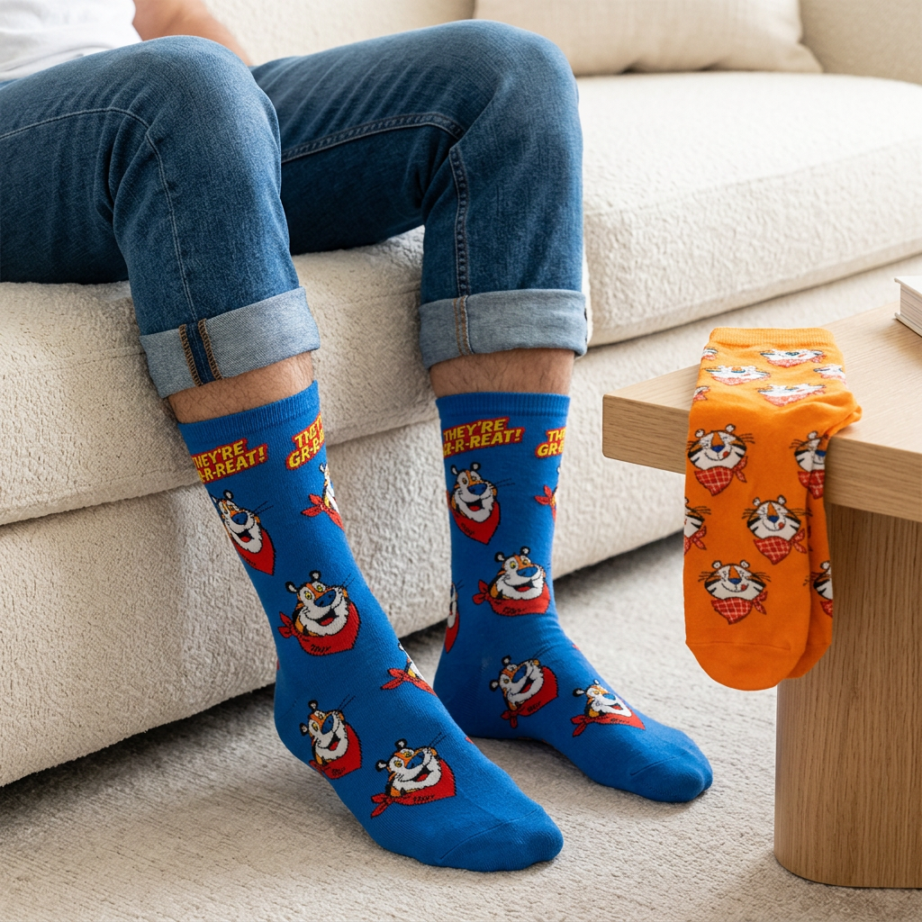 Homme en jeans portant les bas bleus Frosted Flakes à motifs de Tony le tigre dans un salon.