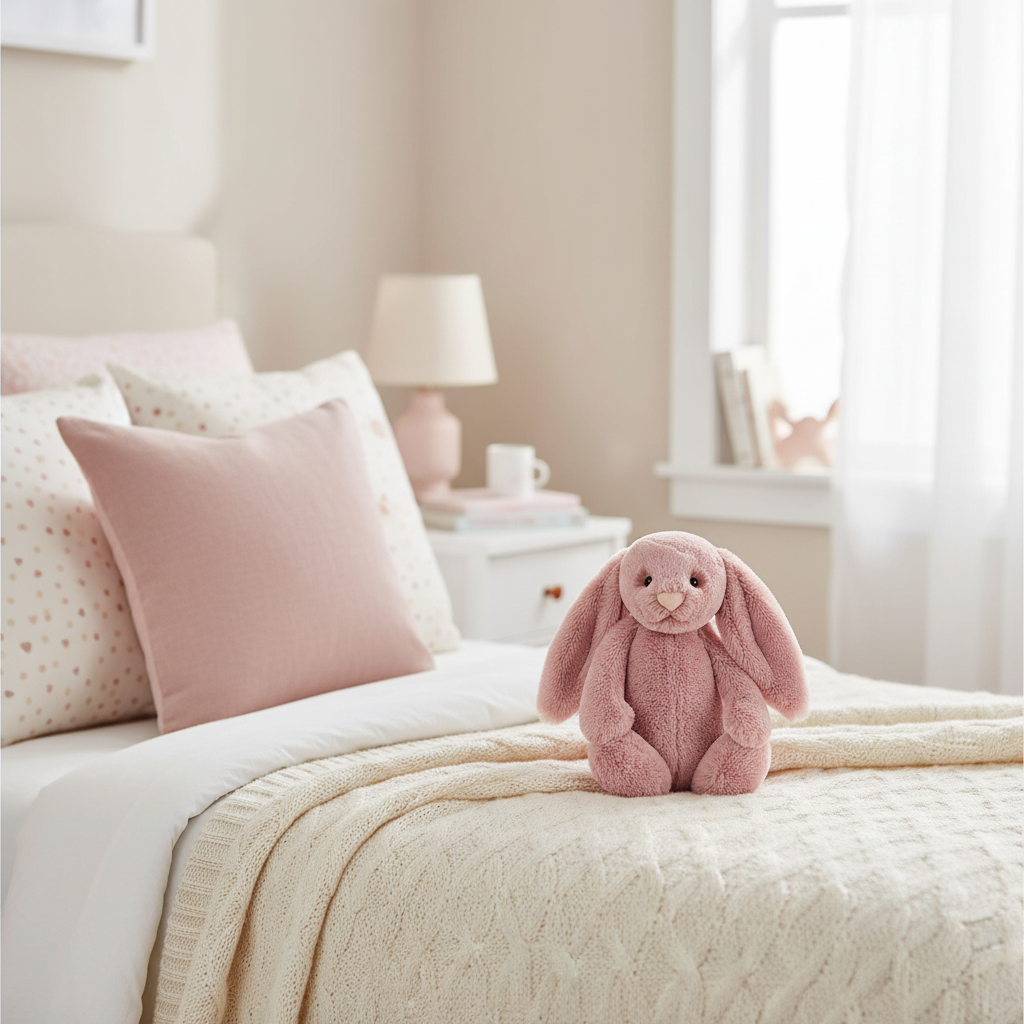 Peluche lapin Jellycat rose tulipe assise sur un lit cosy, ambiance chambre