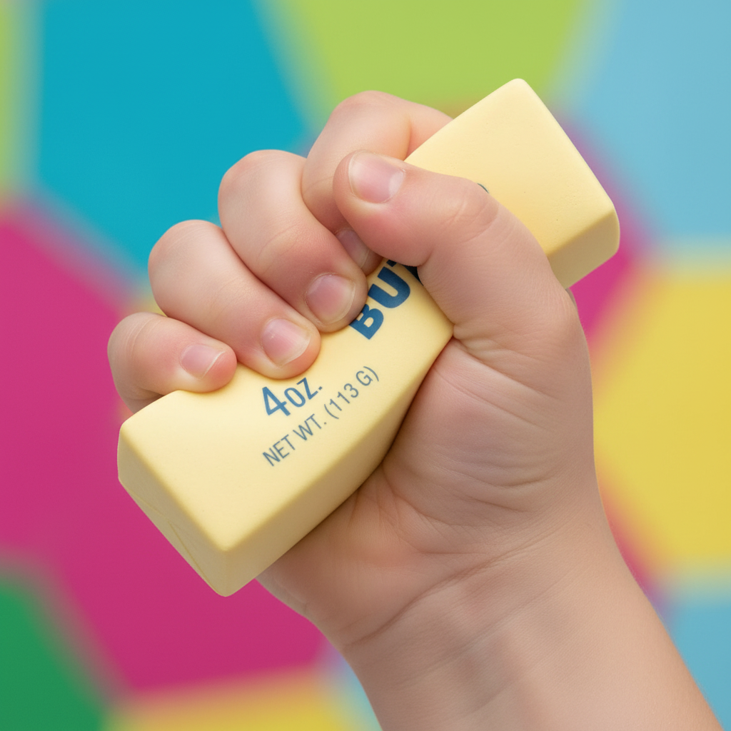 Main qui squeeze le jouet squishy beurre jaune pâle rectangulaire