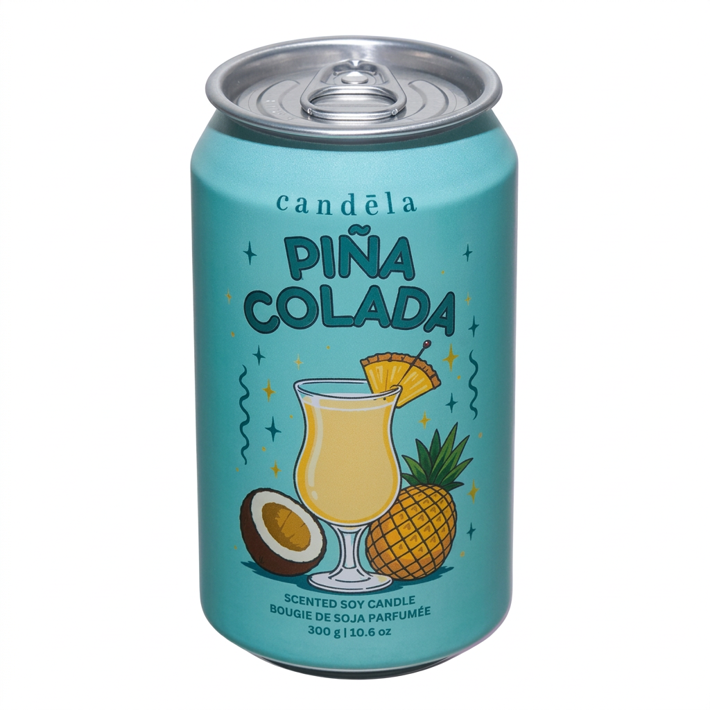 Bougie de soja CANDÈLA Piña Colada de 300 g en canette turquoise sur fond blanc