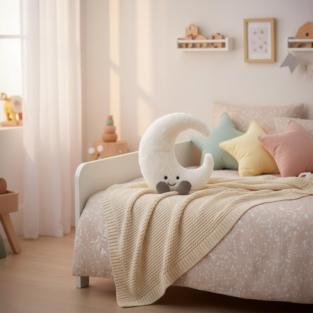Peluche lune croissant blanc crème Jellycat posée sur un lit cosy, ambiance chambre