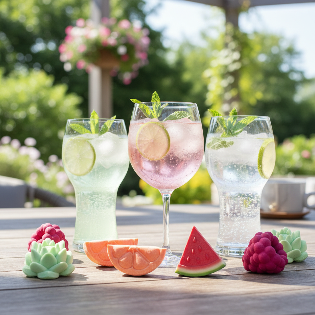 Bombes Gin Tonic POSEIDN autour de verres de gin tonic sur terrasse estivale
