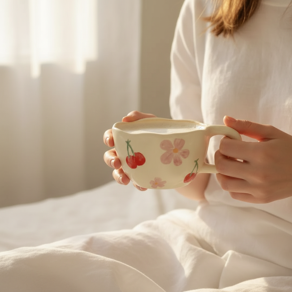 Mains tenant la tasse fleur de cerisier dans un lit douillet
