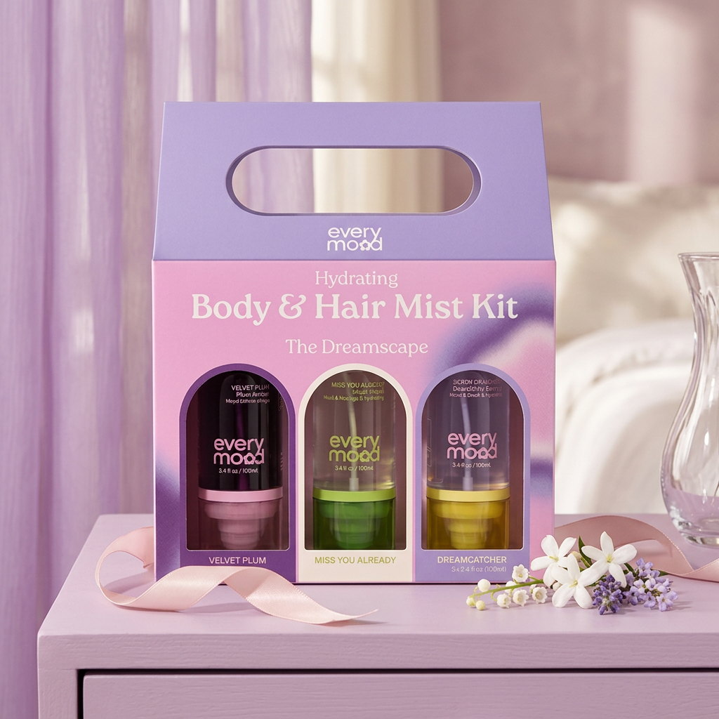 Coffret Everymood The Dreamscape dans un décor beauté mauve et rose avec ruban satiné et fleurs blanches.