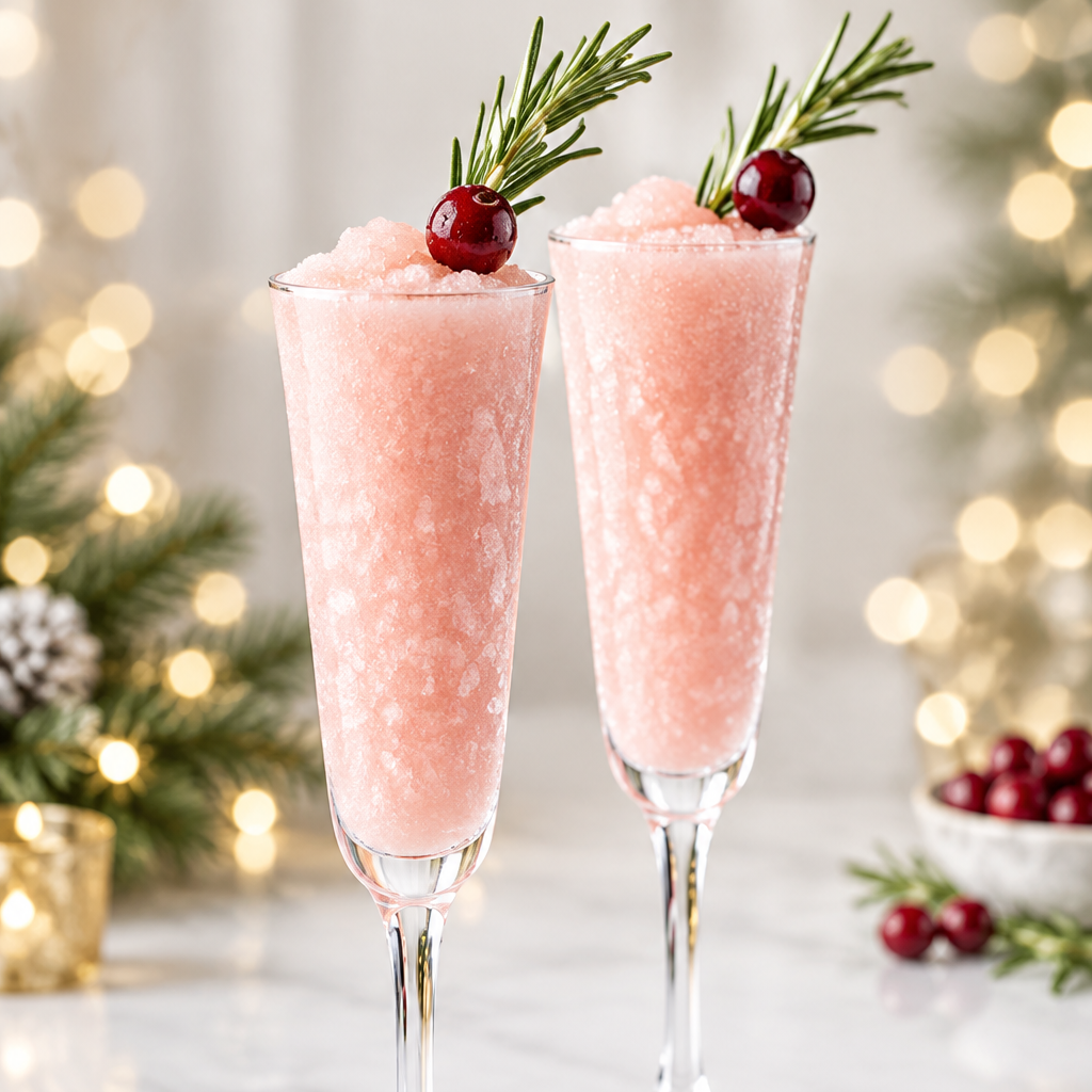 Deux cocktails glacés Poinsettia rose pâle dans des verres élégants, garnis de canneberges et de romarin, nettement photographiés dans un décor festif