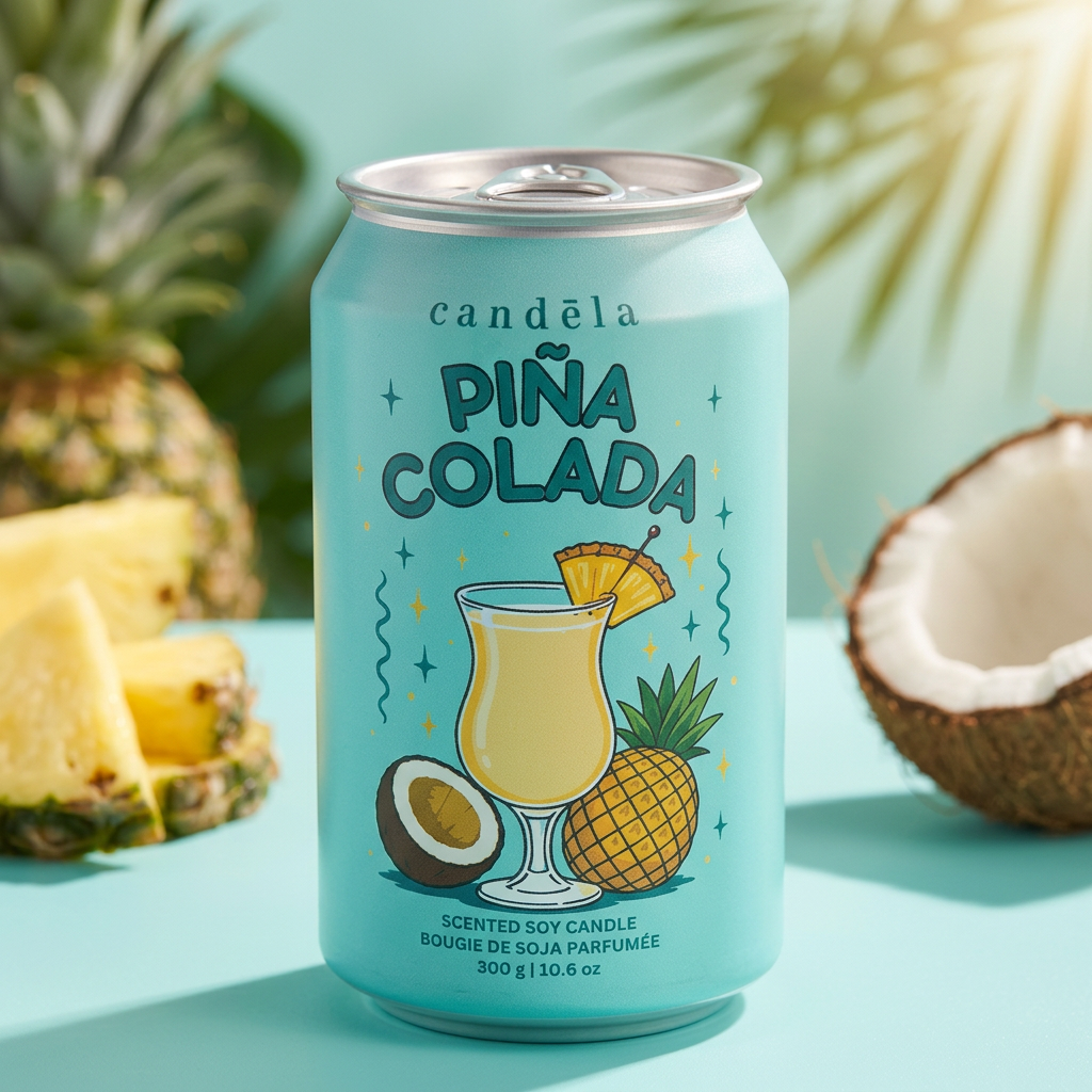 Bougie CANDÈLA Piña Colada en ambiance tropicale turquoise avec ananas et noix de coco
