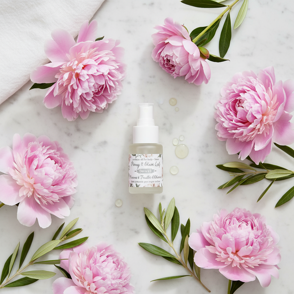 Huile parfumée Pivoine Feuille d'Olivier Dot & Lil flat lay marbre avec pivoines