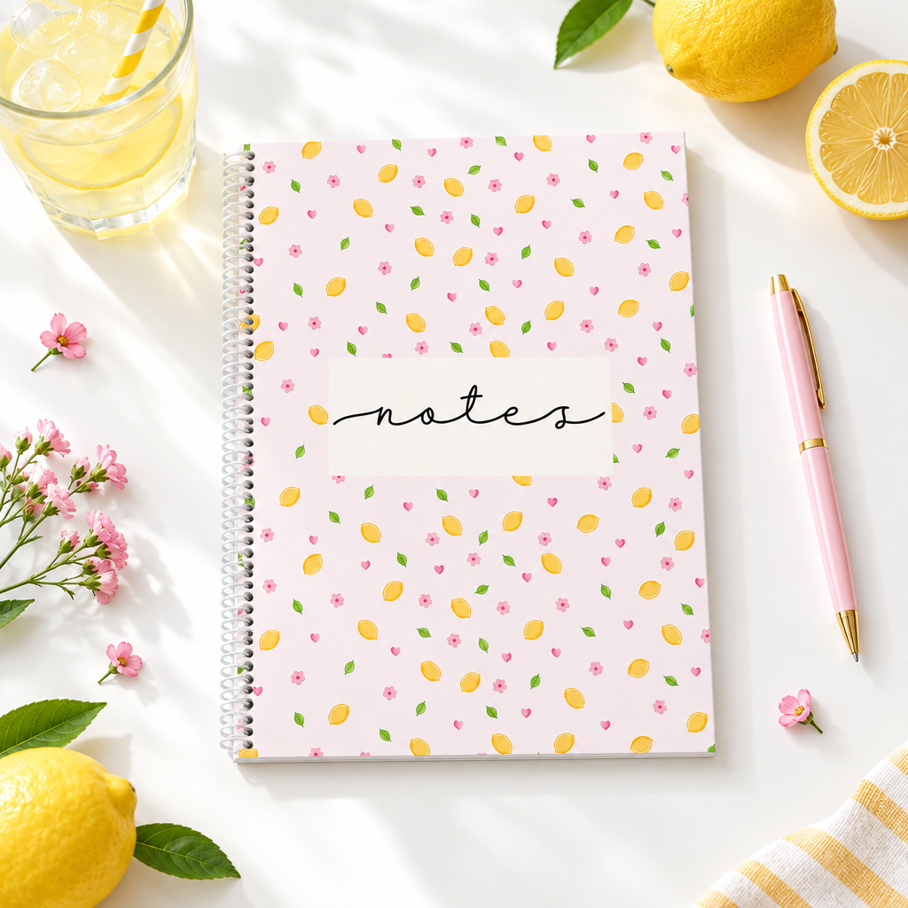 Cahier de notes à motifs de citrons et fleurs roses sur un bureau avec une limonade et un stylo