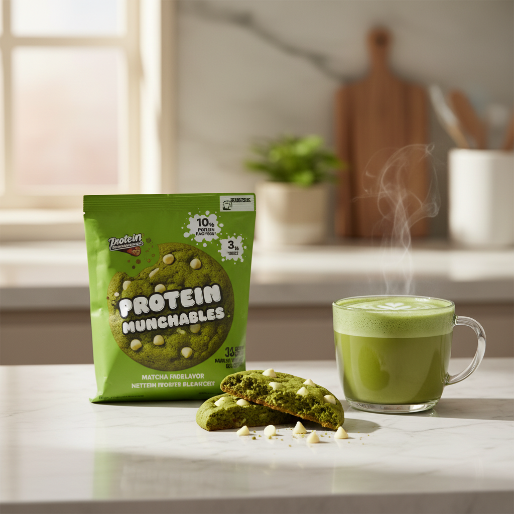 Biscuit matcha pépites blanches Protein Munchables sur marbre avec latte matcha