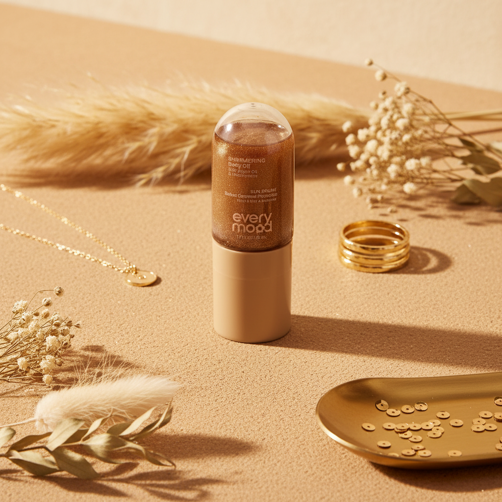 Every Mood huile scintillante Sun Drunk roll-on doré sur surface sableé avec accessoires dorés
