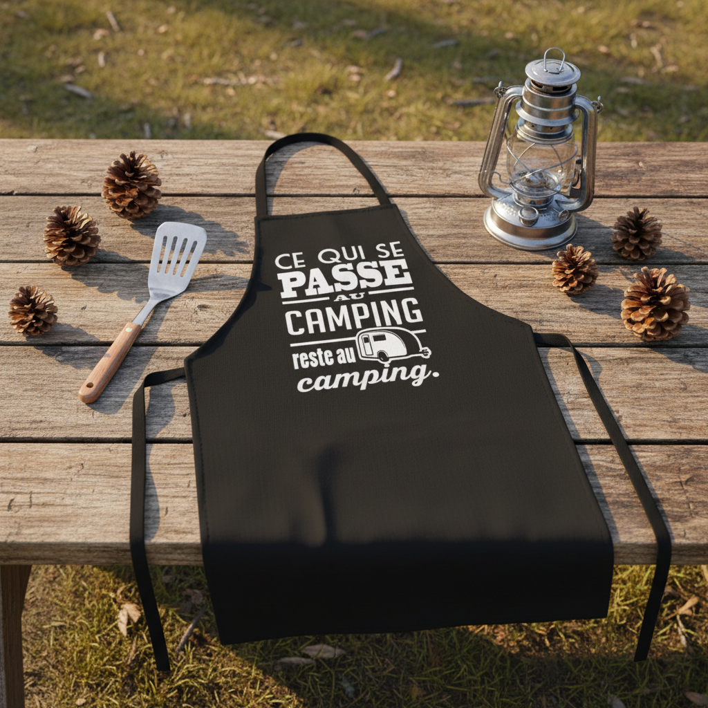 Tablier noir camping flat lay sur table de pique-nique