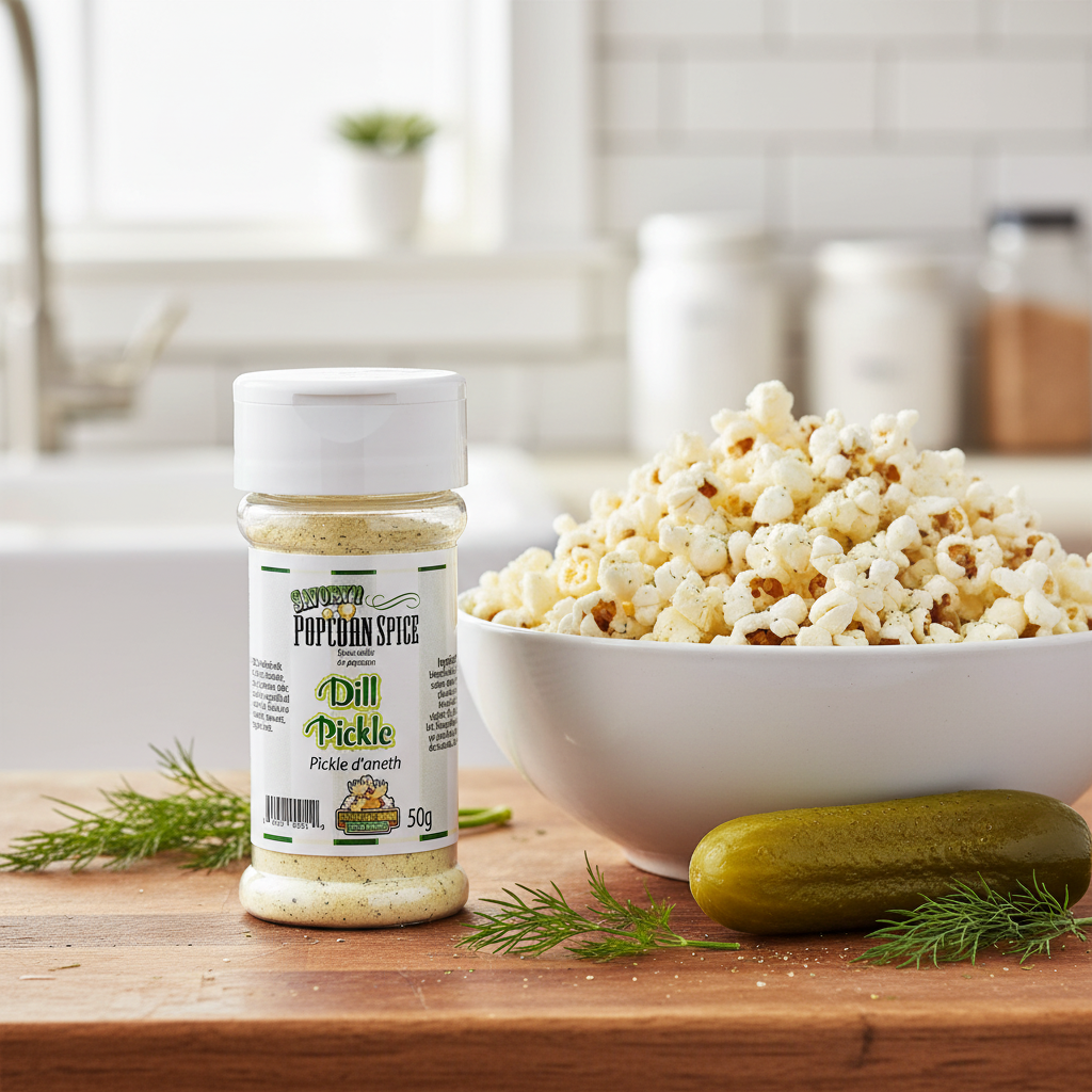 Épice salée popcorn pickle d'aneth Chocolat Moose shaker 50g sur comptoir bois avec bol de popcorn et aneth frais