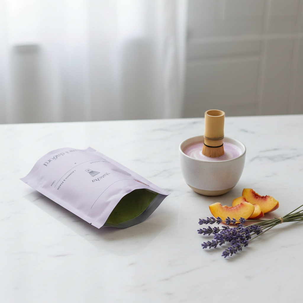 Sachet Matcha Lavande & Pêche Moi d'abord sur marbre avec lavande et pêches